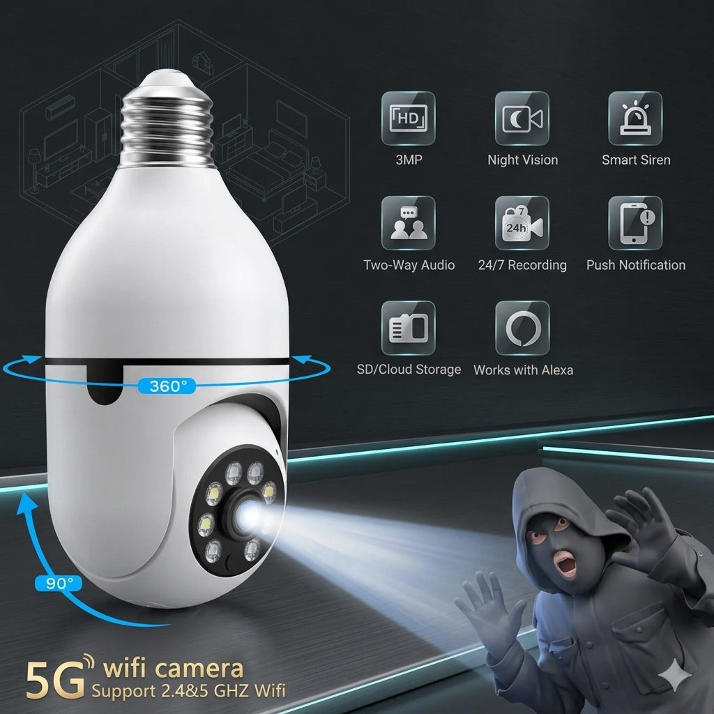 360° Light Bulb Camera 📸🛡️✨