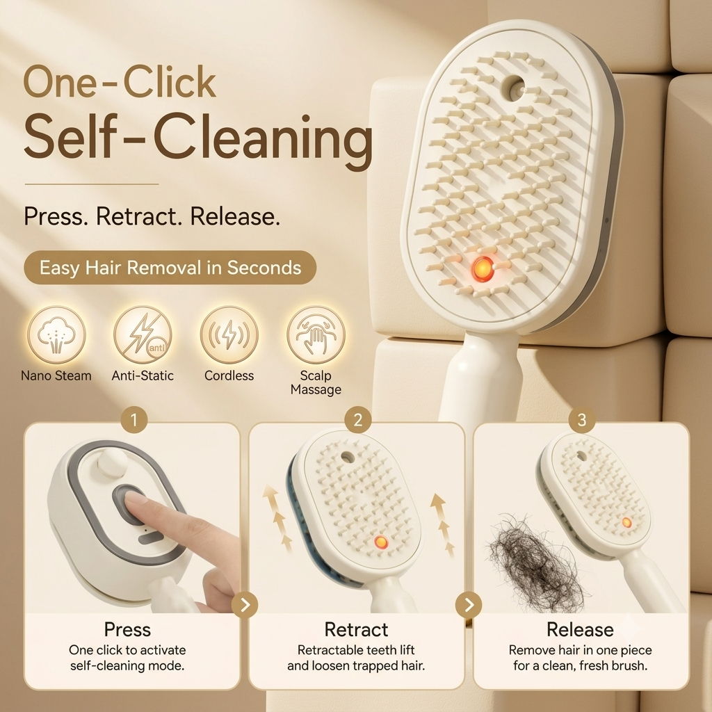 3-in-1 Electric Steam Spray Brush ✨ Rechargeable Detangling Tool with Oil